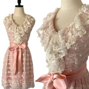 Vintage 50's Pink Lace Party Dress Extra Small Ruffle Collar Pink Satin Bow Sash